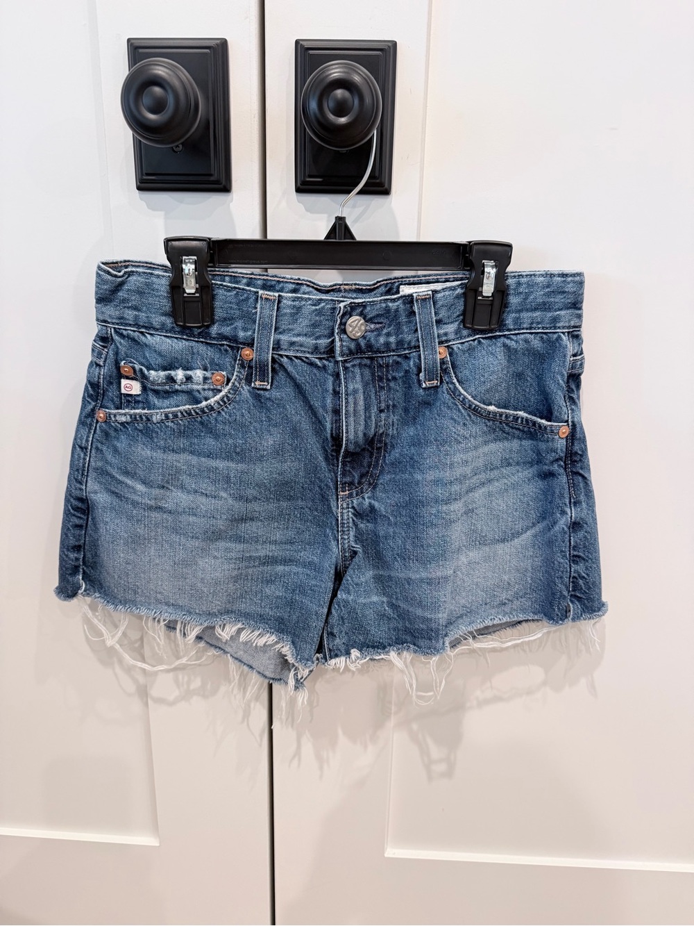 AG Haile Women's Frayed Cut Off Hem Denim Shorts - Blue, size 25